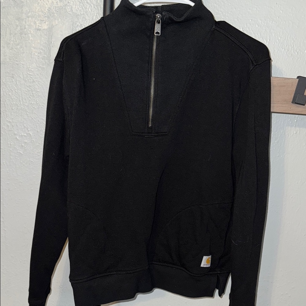 Carhartt Black Pullover Hoodie with High Collar and Silver Zipper